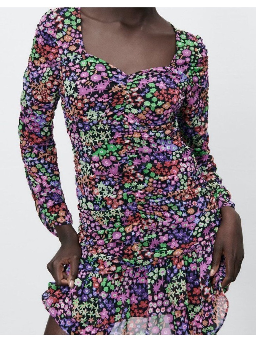 Zara Ruched Chiffon Draped Multicolor Floral Long Sleeve Dress Size Small